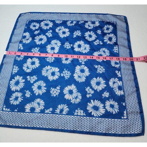 Vintage Blue White Floral Daisy Flower Polka Dot Scarf Neck Tie Hair Tie 20 Inch - Picture 2 of 4